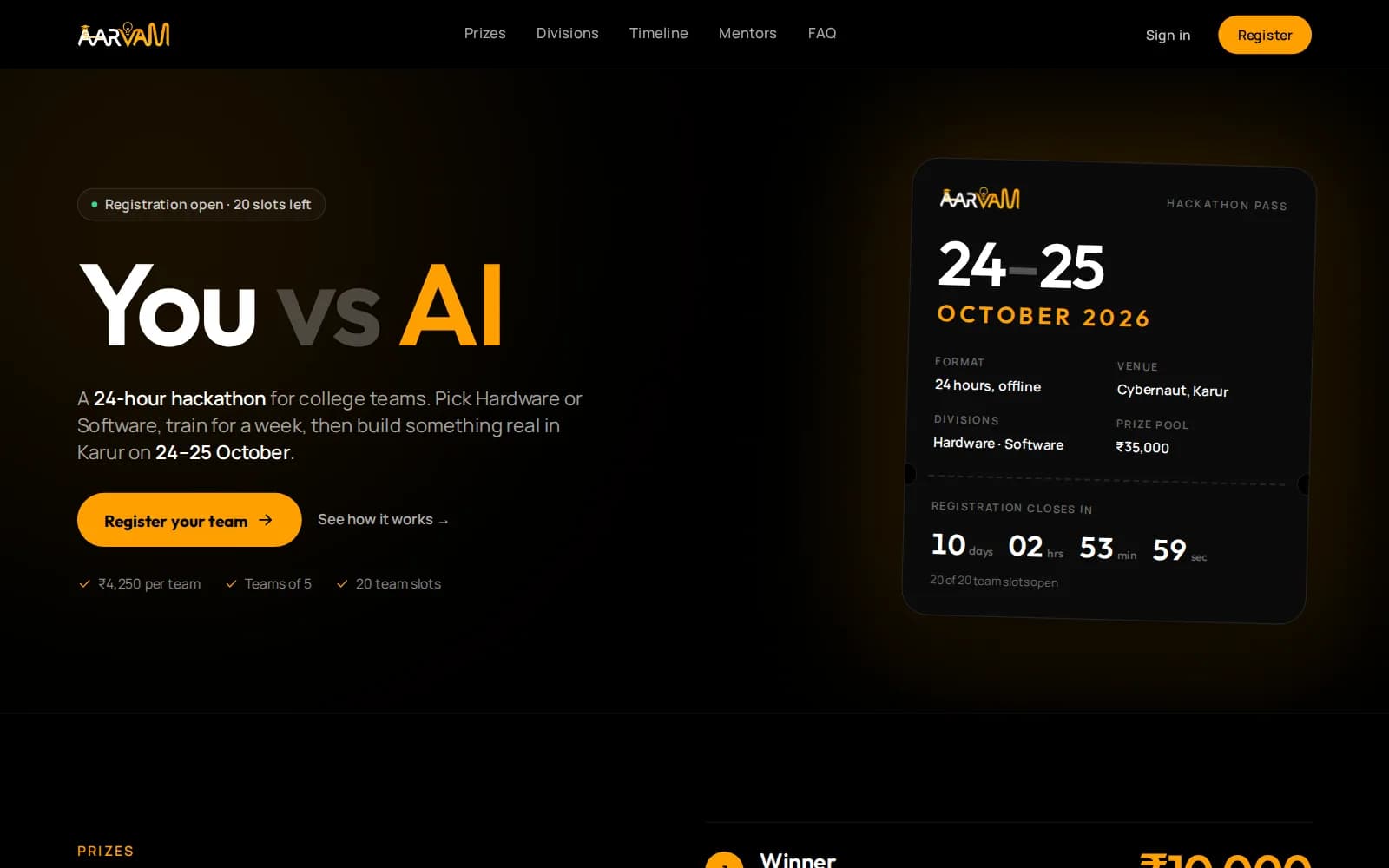 The Aarvam landing page, headlined 'You vs AI', beside a hackathon pass with a live registration countdown