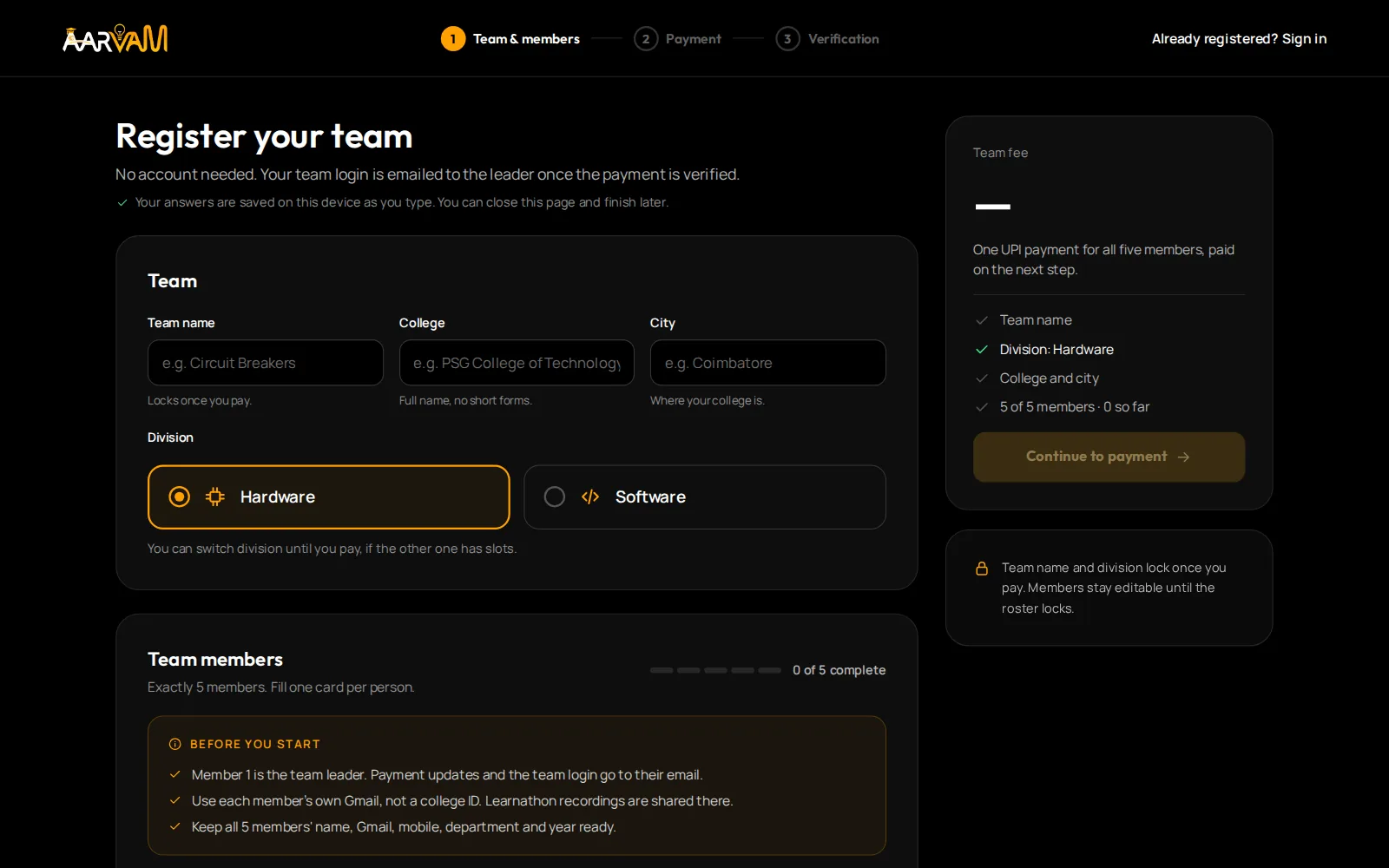 Team registration: team details and division picker beside a running checklist of what is still missing