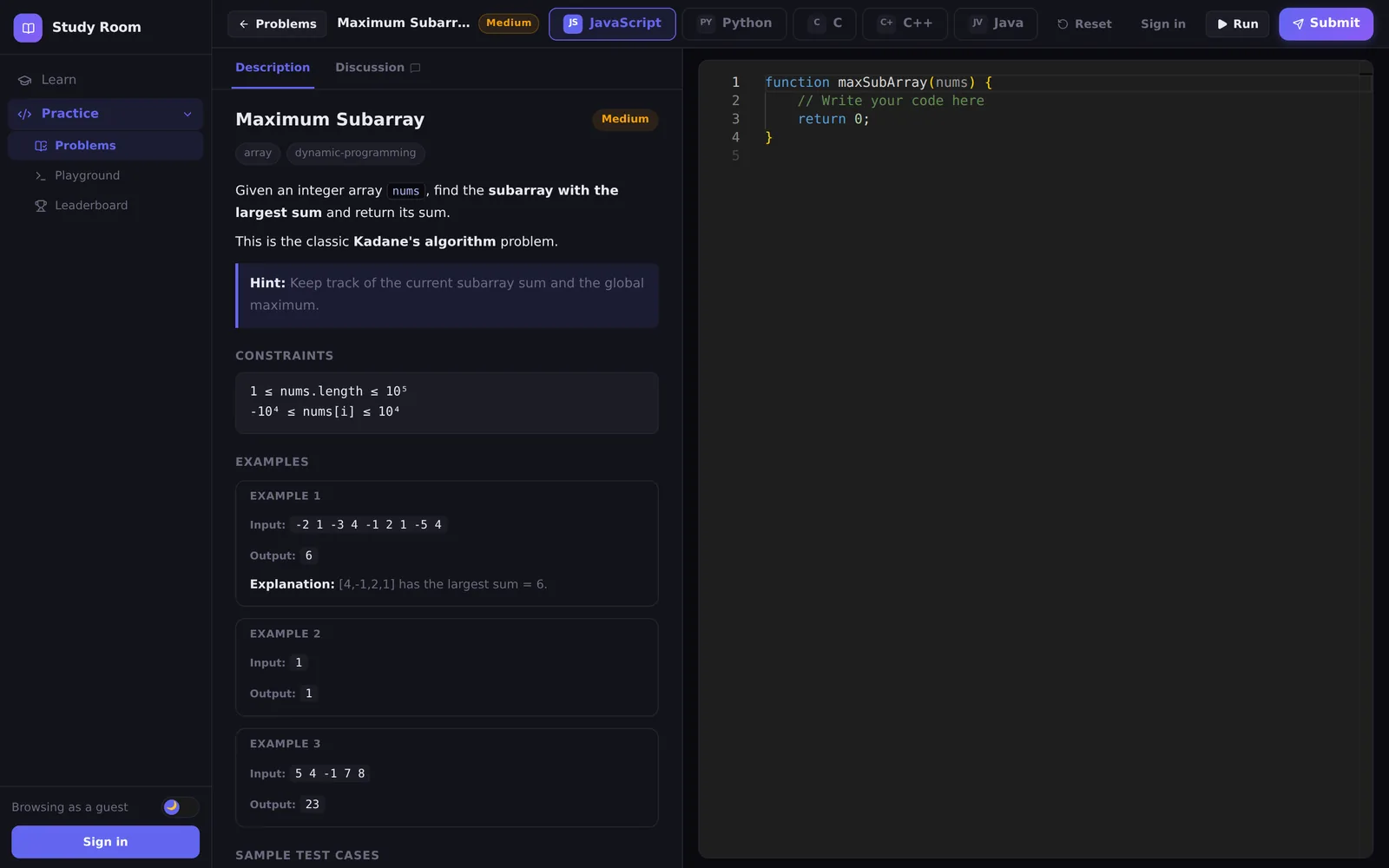 A problem open beside the editor, with JavaScript, Python, C, C++ and Java selectable