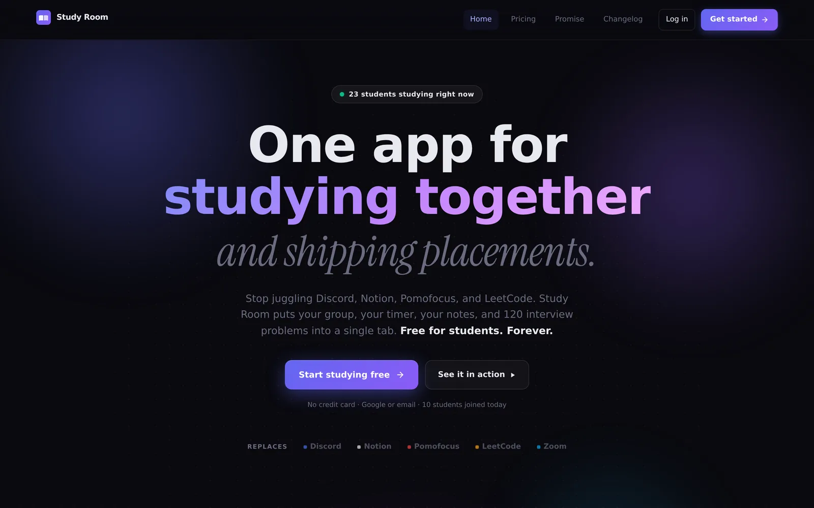 The Study Room landing page, headlined 'One app for studying together and shipping placements'