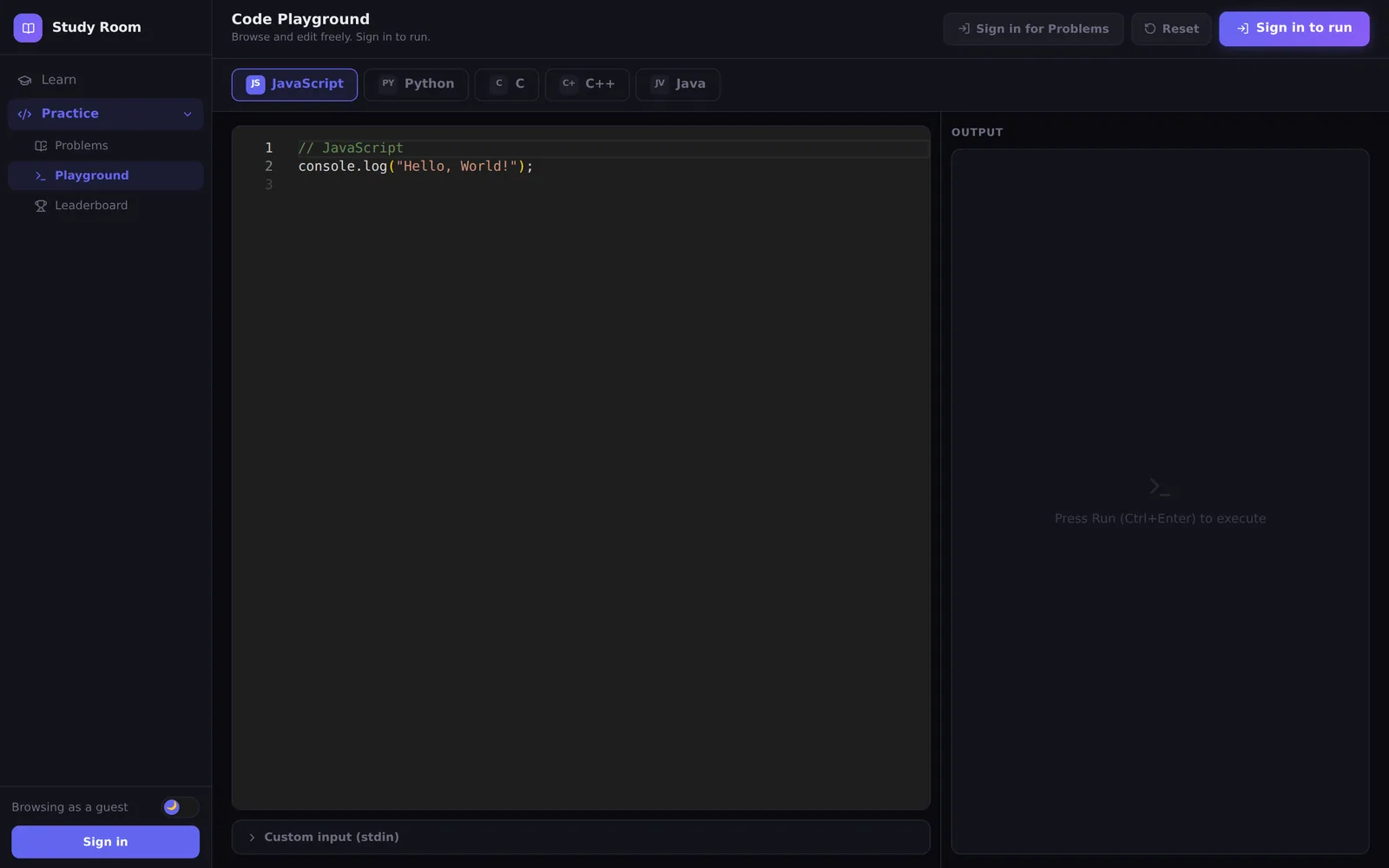 The code playground: an editor in five languages beside its output panel