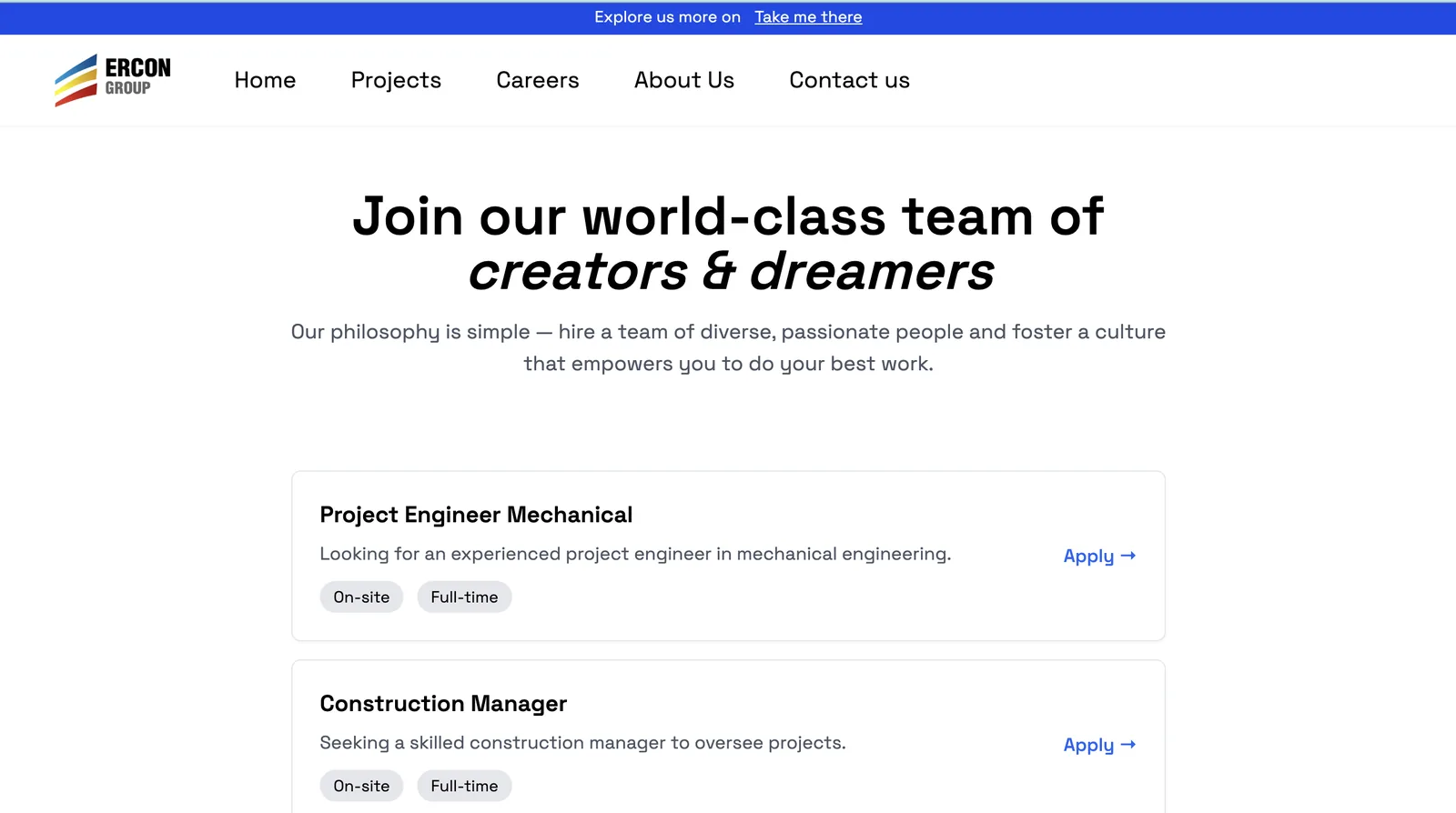 The careers page with open engineering and construction roles