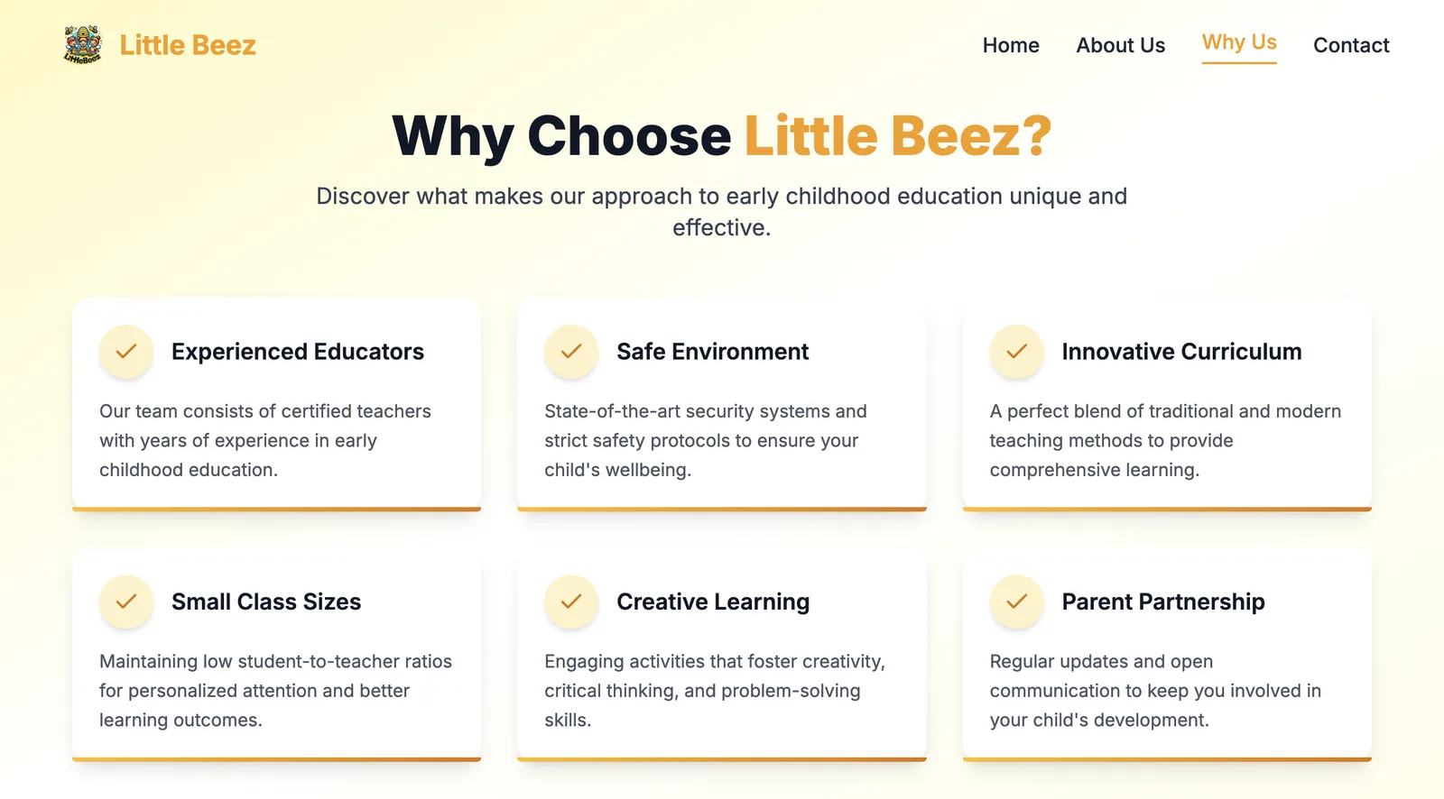 The 'Why Choose Little Beez' page, a grid of six value cards